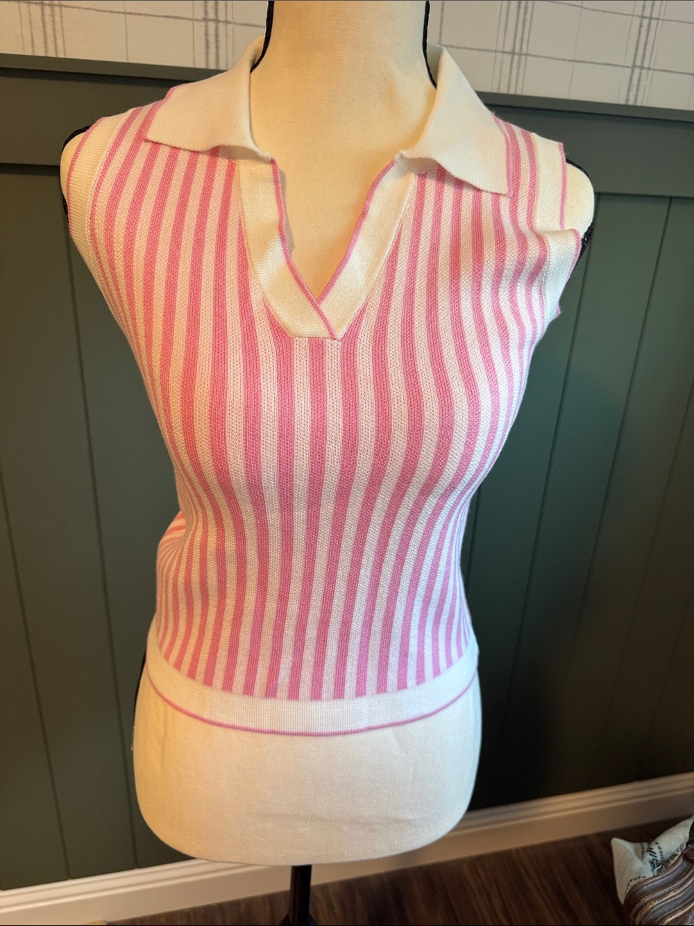 Sleeveless Pink & White Striped Polo Tank
